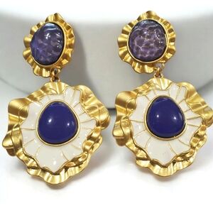 Chunky Matte Gold Blue Stone Enamel Earrings
